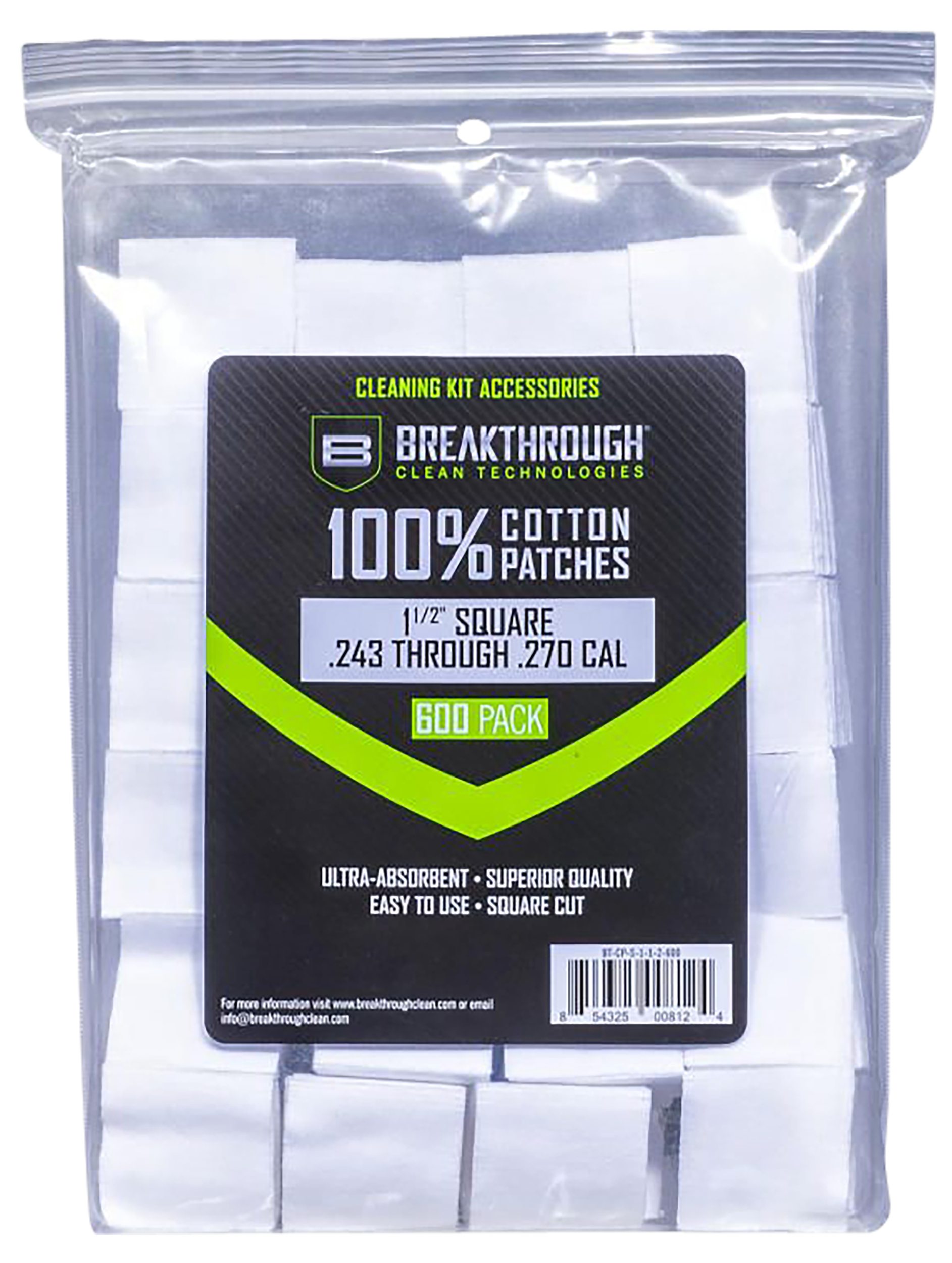 Breakthrough Clean Square Patches .243-.270 Cal 1.5" 600-Pack Cotton