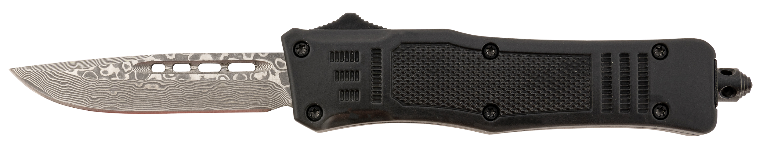 Steel River Knives Spartan Mini 2.75" OTF Drop Point Plain Real Damascus 4.25" Black Aluminum Zinc Alloy Handle