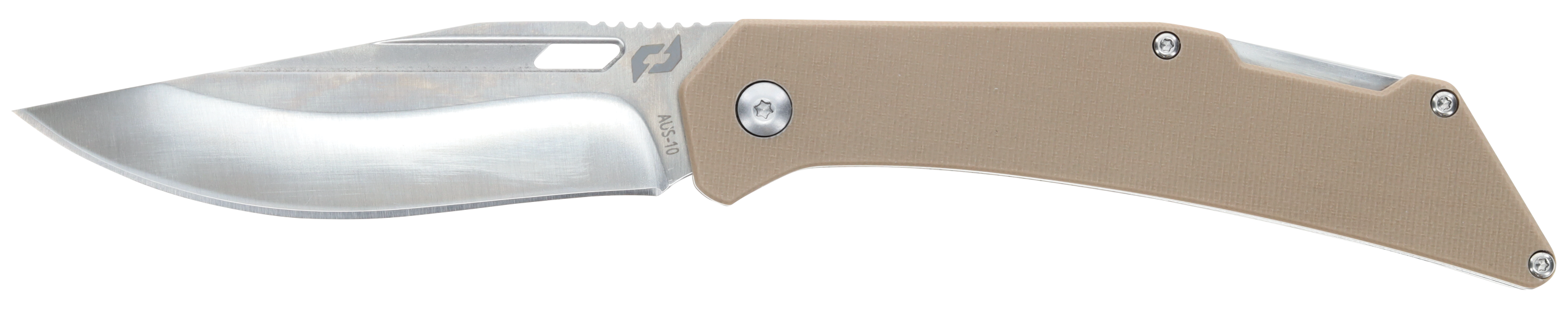 Schrade Slingshot 4" Lockback Folding Recurve Clip Point Satin AUS-10 Blade Tan G10 Handle