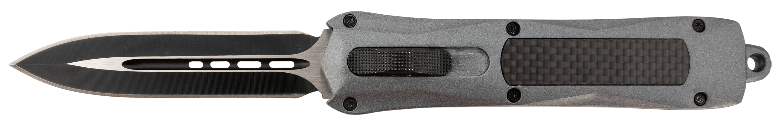 Steel River Knives Spartan 3.5" OTF Dagger Plain Black/Silver 440C SS Blade Gray Carbon Fiber Inlay Aluminum Zinc Alloy Handle