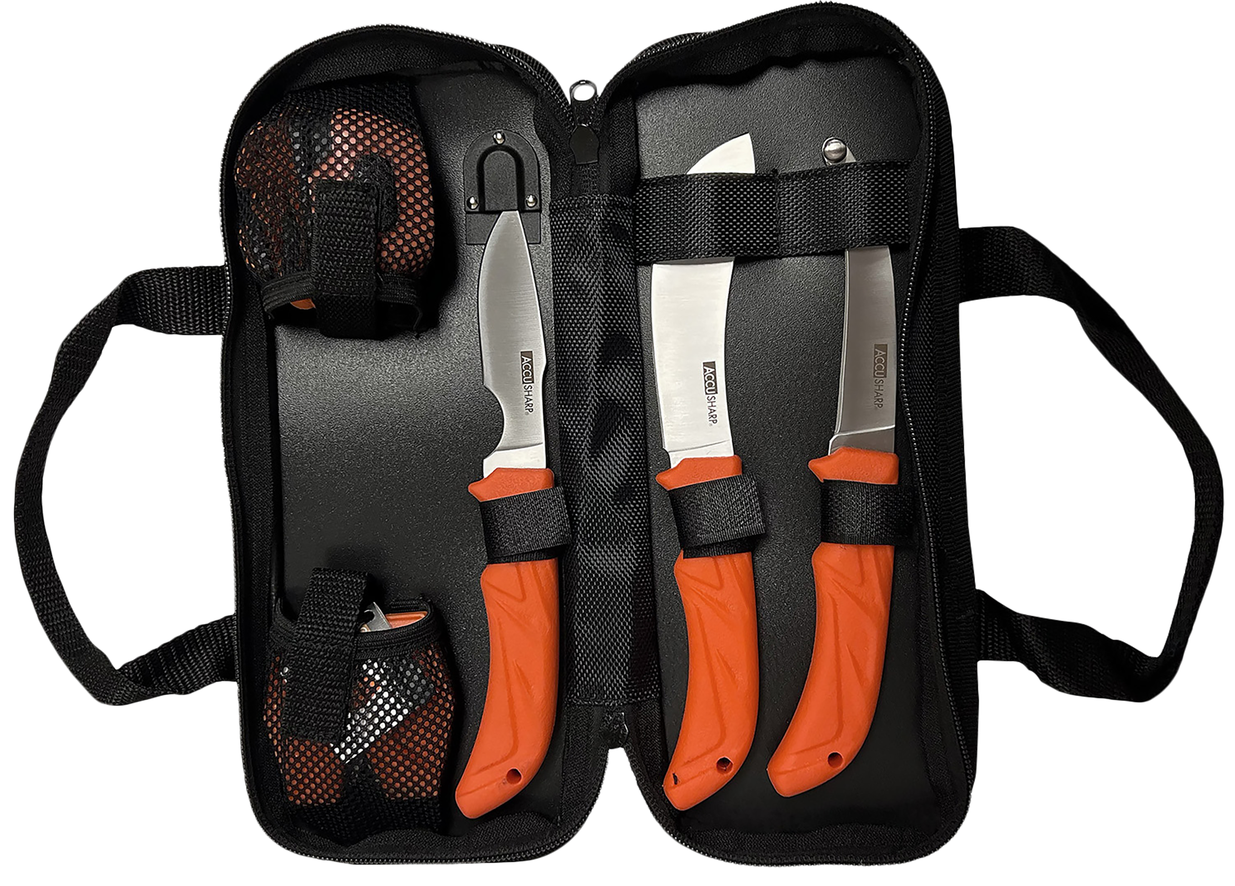 AccuSharp 738C 6-Piece Processing Kit - Fixed Blade Butcher/Caping/Gutting Stainless Steel, Blaze Orange Non-Slip Grip, Nylon Case