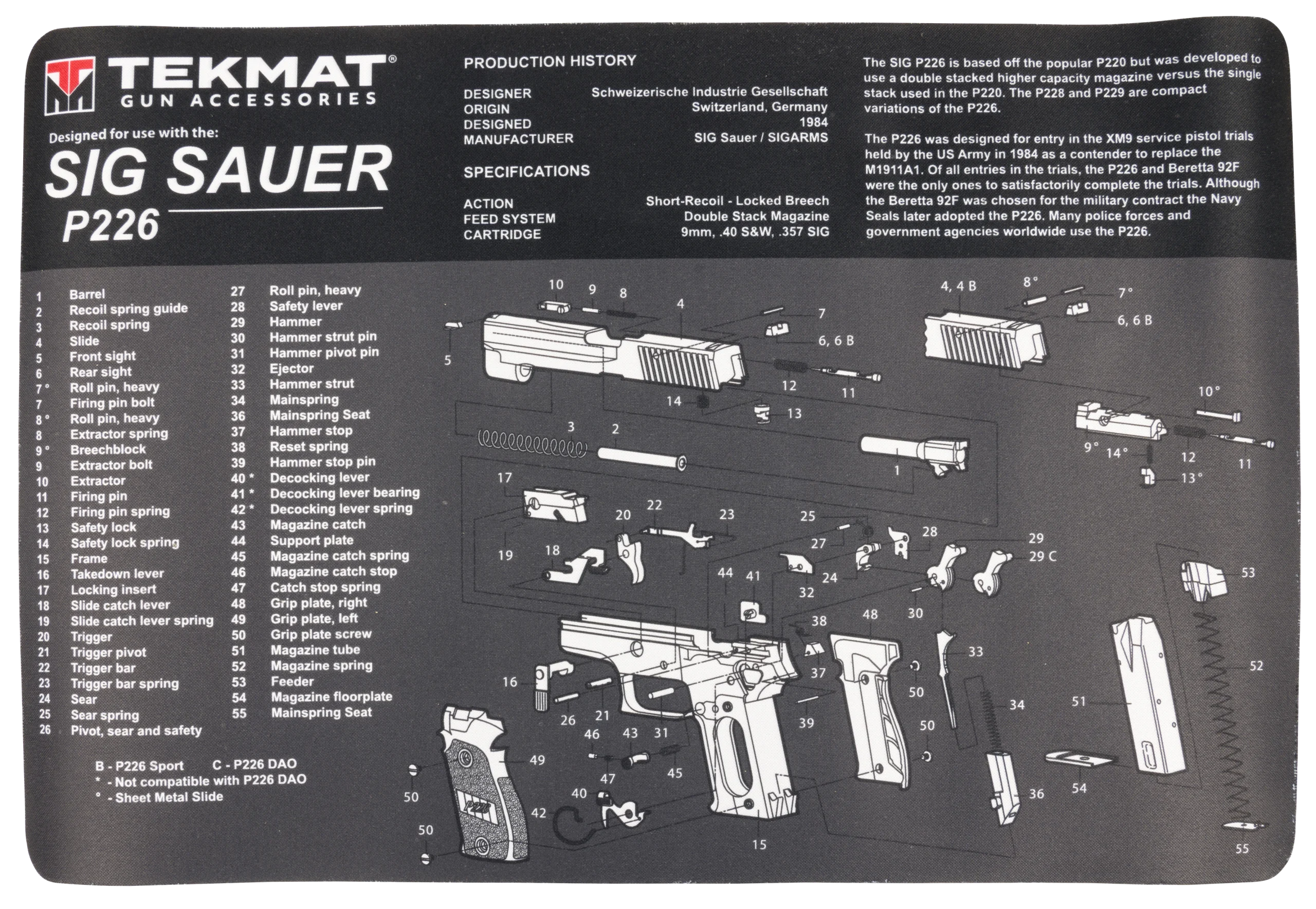 TekMat Sig Sauer P226 Cleaning Mat Gray/White Rubber 11"x17"