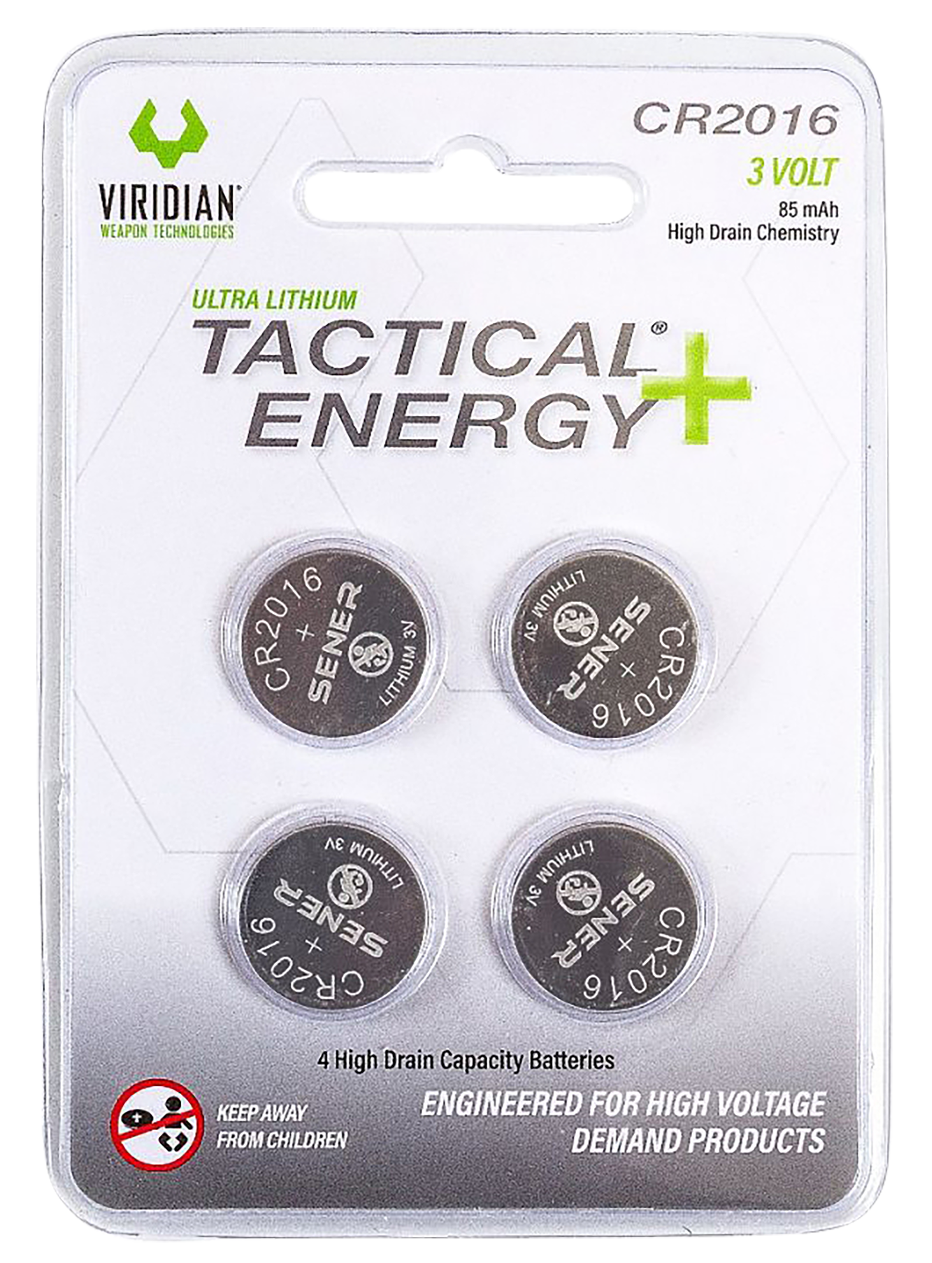 Viridian CR2016 Lithium Battery 3V 85mAh 4-Pack