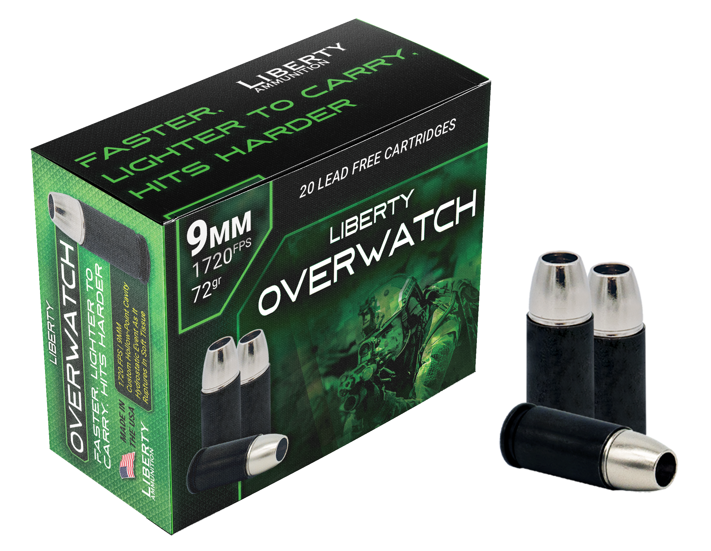 Liberty Ammunition OverWatch 9mm Luger 72gr Open Cavity Design - Box or Case