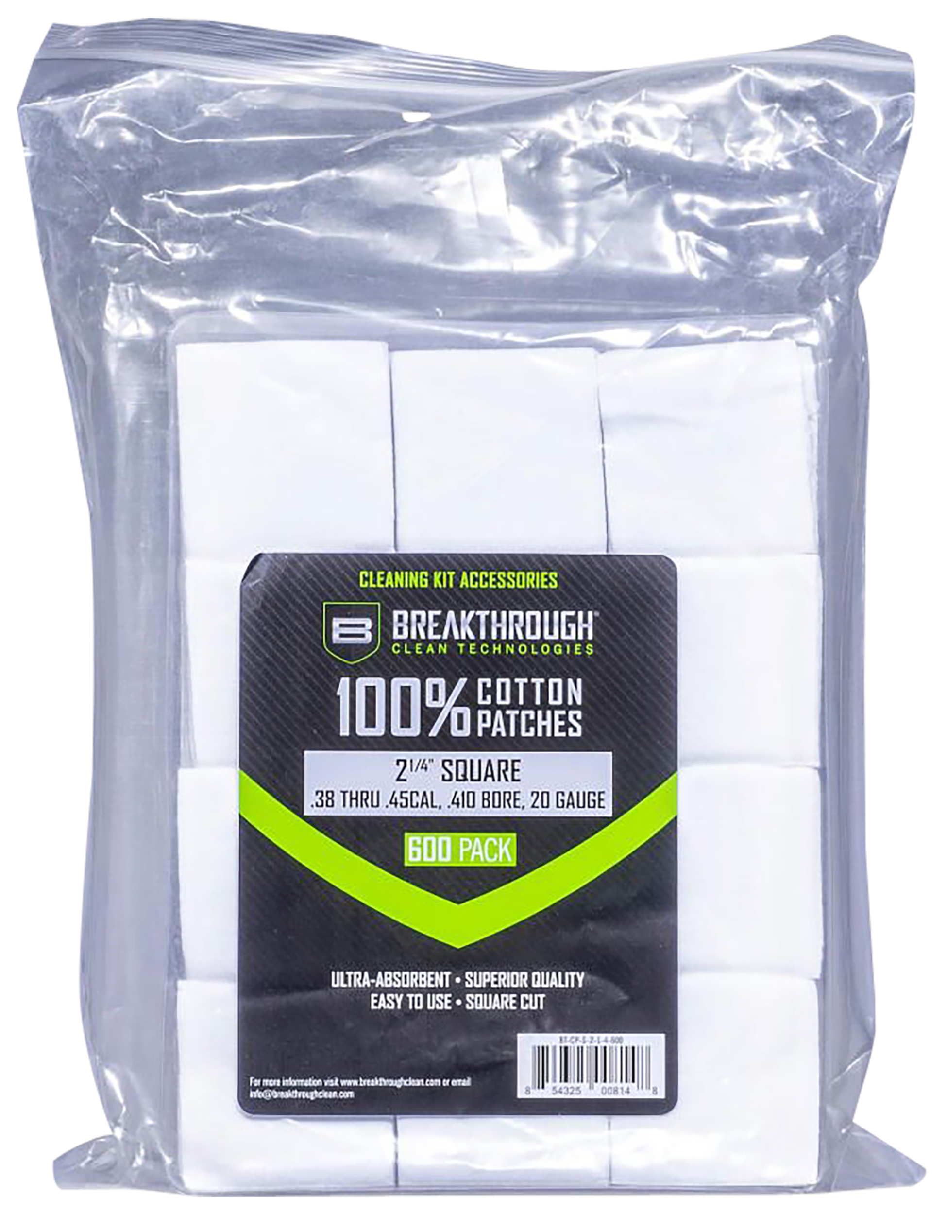 Breakthrough Clean Square Cleaning Patches 2.25" Cotton .38-.45 Cal / .410-20 Ga 600-Pack