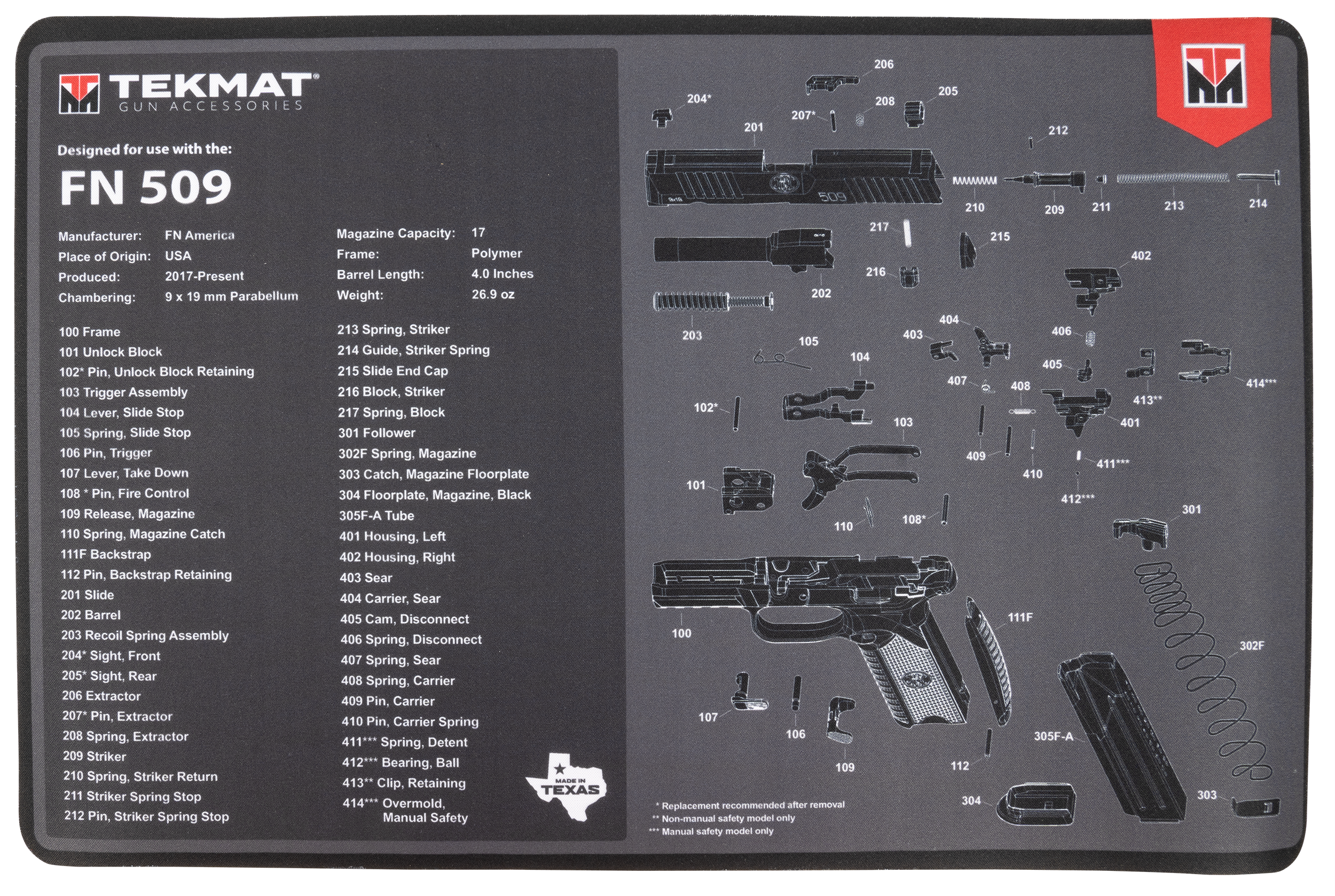 TekMat FN 509 Cleaning Mat 11x17 in Rubber Black/Gray w/ Parts Diagram