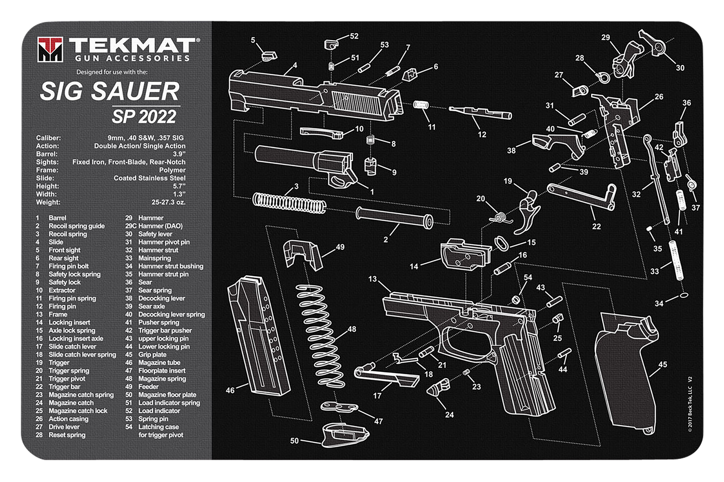 TekMat Sig Sauer SP2022 Cleaning Mat Black/Gray Rubber 11"x17" Parts Diagram