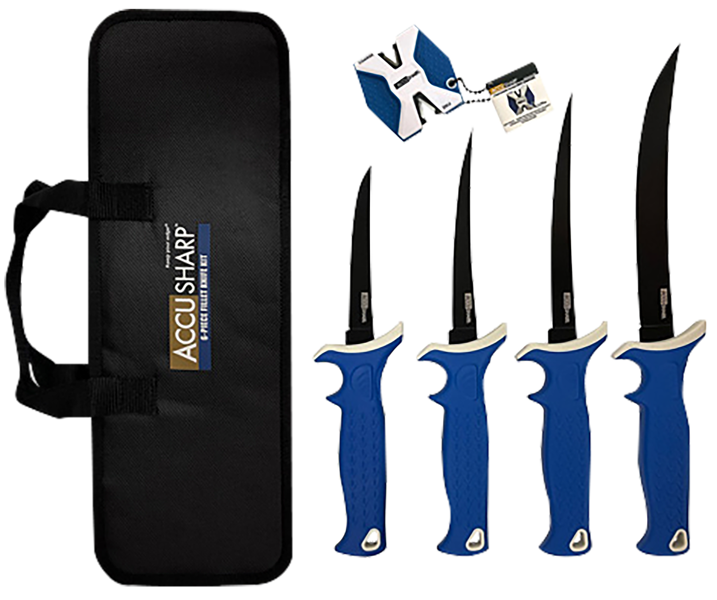 AccuSharp 737C 6-Piece Fillet Knife Kit 4.75/5.50/6.50/8" Fixed Plain Satin Stainless Steel Blue TPR - 2-Step Sharpener