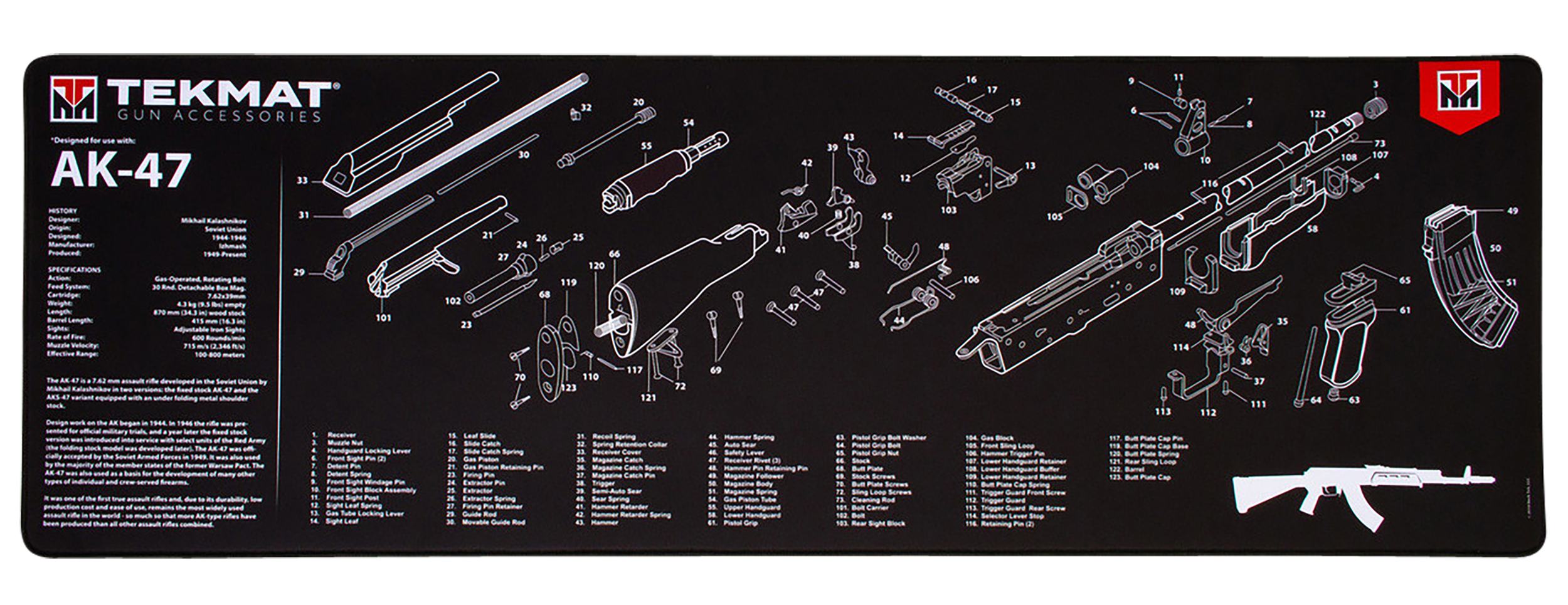 TekMat AK-47 Cleaning Mat 12"x36" Rubber Black/White with Parts Diagram