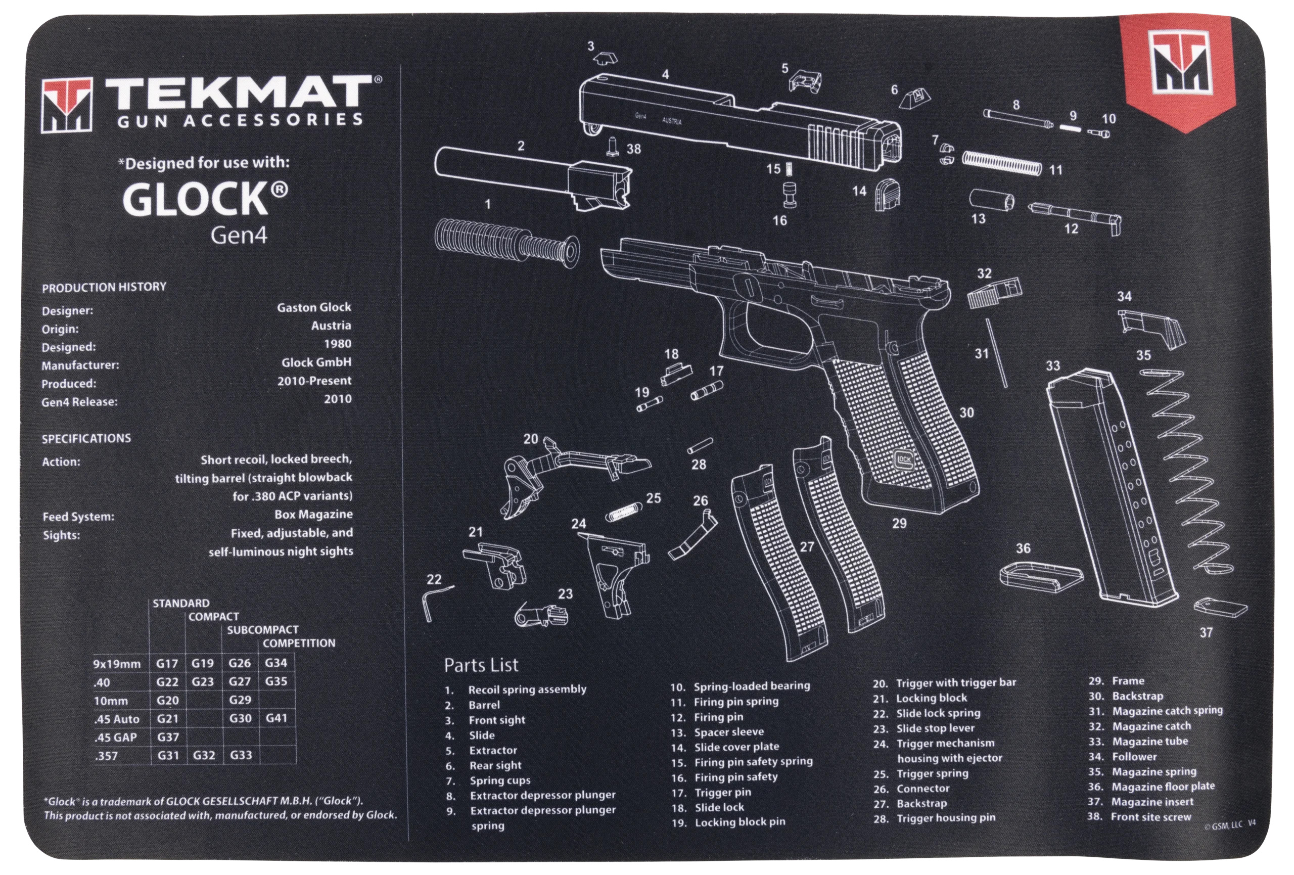 TekMat Glock Gen4 Cleaning Mat 11" x 17" Rubber Black/White