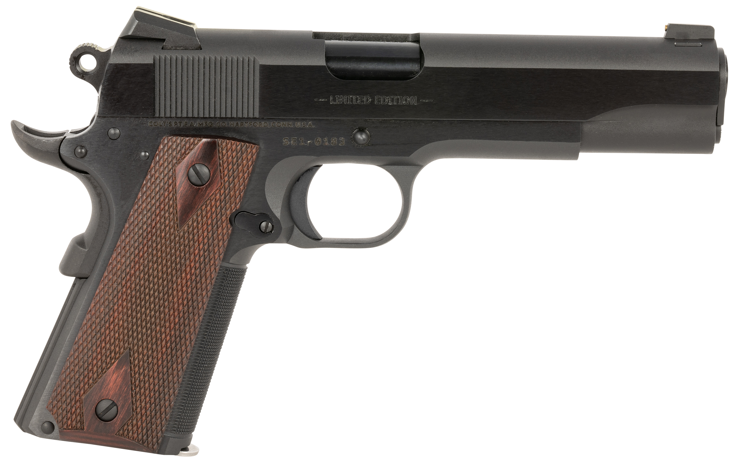 Colt 1911 Government Pistol O1911SEA1, 45 ACP, 5", Double Diamond Rosewood Grips, Blued Finish, 7 Rds