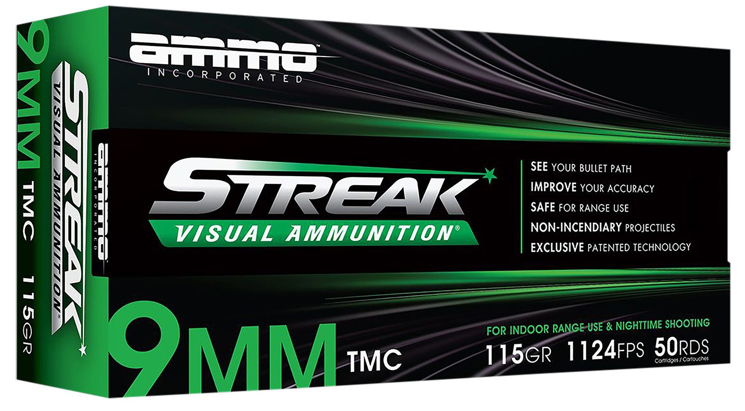 Ammo Inc Streak Visual (GREEN) Self Defense Pistol Ammunition 9115TMCSTRKGRN50, 9mm Luger, Total Metal Case, 115GR, 1124fps, 50 Rd/bx