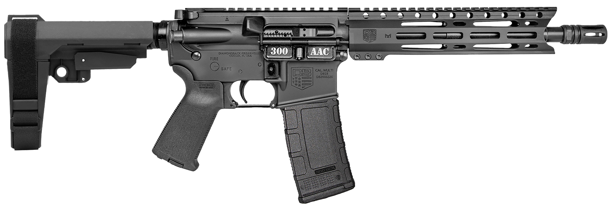 Diamondback DB15 Pistol DB1916B001, 300 AAC Blackout, 10", SB Tactical SBA3 Brace, Black Finish, 30 Rds