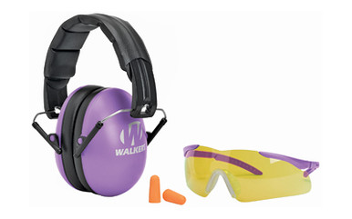 Walker's Game Women Combo Kit Folding Earmuffs with Sport Glasses and Foam Tips Dual Passive Hearing Protection with High Impact Safety Glasses Purple Finish