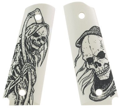 Hogue 45026 Scrimshaw Grip Ambi-Cut Ivory with Grim Reaper Polymer for 1911 Government