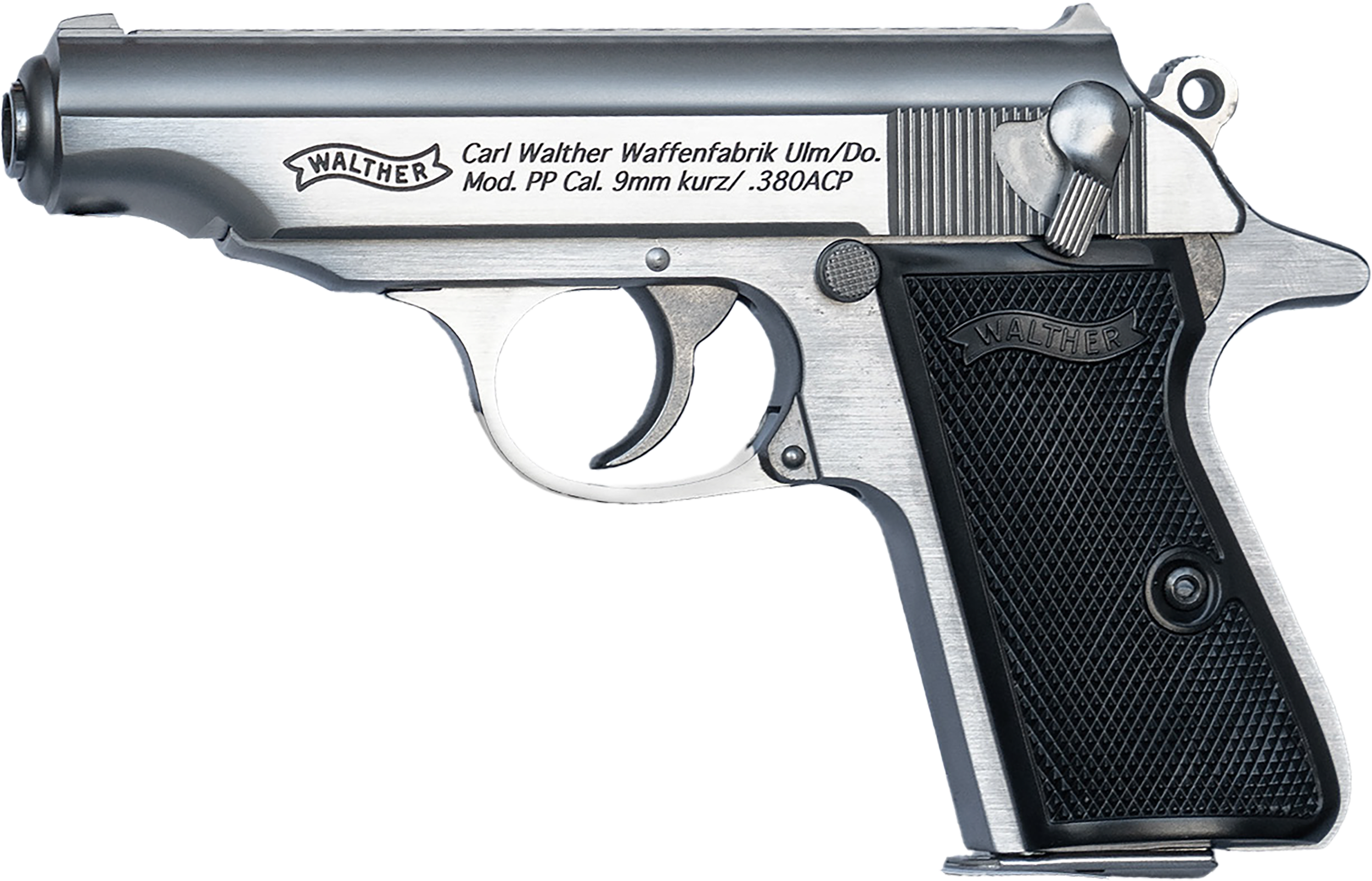 Walther PP Pistol 4796029, 32 ACP, 3.90in, Textured Polymer Grips, Stainless Finish, 8 Rds