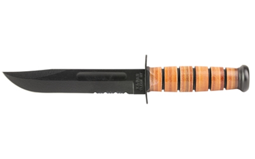 KA-BAR Knives KA-BAR, Army, Fixed Blade Knife, 7" Blade Length, 11.875" Overall Length, Clip Point, Partially Serrated Edge, 1095 Cro-Van/Black, Brown Leather Stacked Handle, Leather Sheath, Clamshell Packaging 1219CP