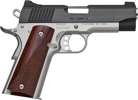 Kimber Pro Carry II 45 ACP 4" Match Grade Barrel, Brushed Serrated Slide, Satin Silver Frame W/Beavertail, Rosewood Grip 7 Rd