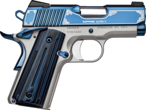 Kimber Sapphire Ultra II 45 ACP, 3" Barrel, Bright Blue PVD Slide/Accents, Silver Frame,Black/Blue G10 Grip, 8rd