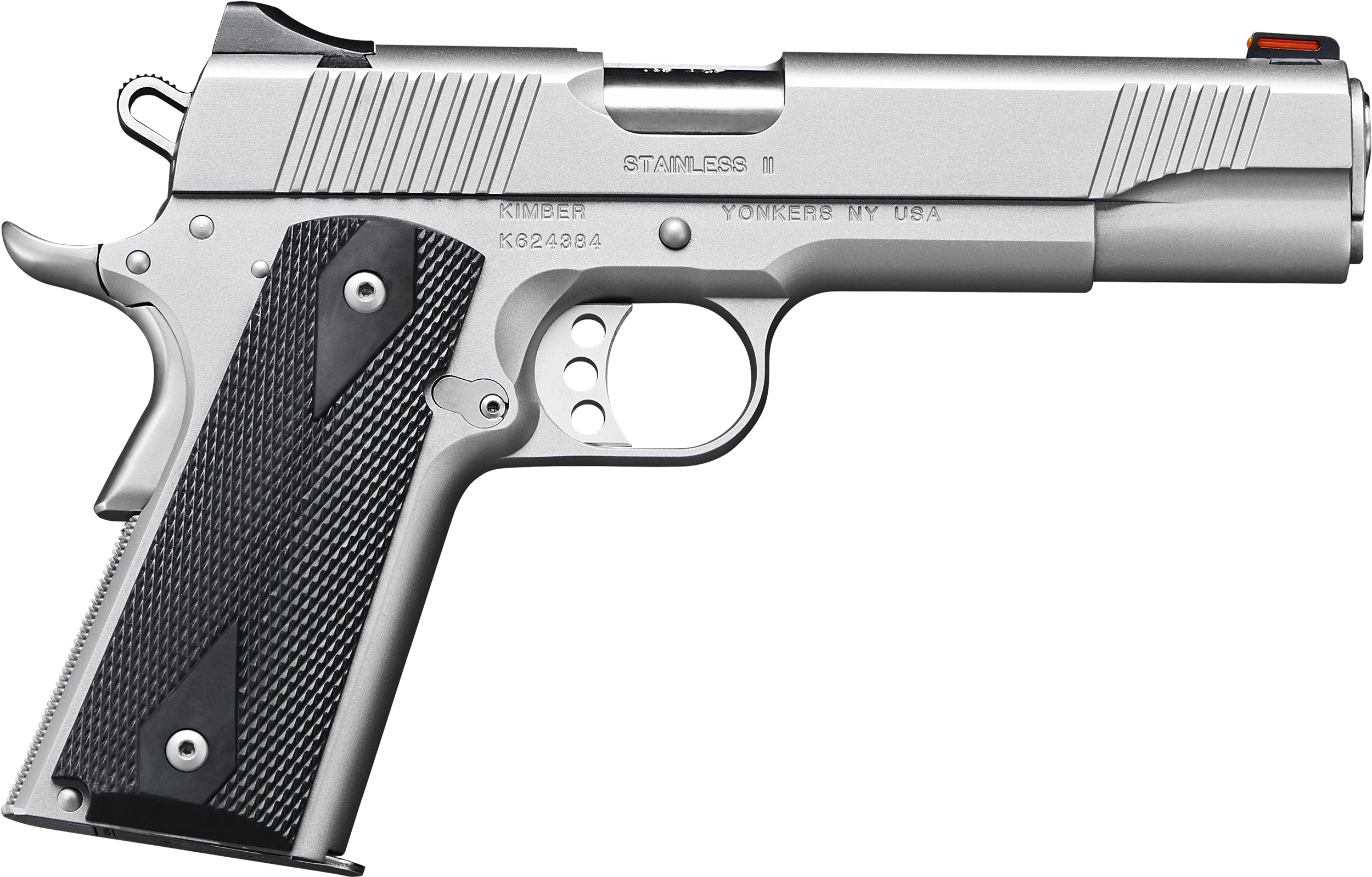 Kimber Stainless II Club Bundle Pistol 3200007CAB, 45 ACP, 5in, nc 3200007 Stainless II Club Bundle 45ACP 7+1 5" Satin Silver Front Serrations Stainless Steel Slide Black Synthetic Grips, Satin Silver