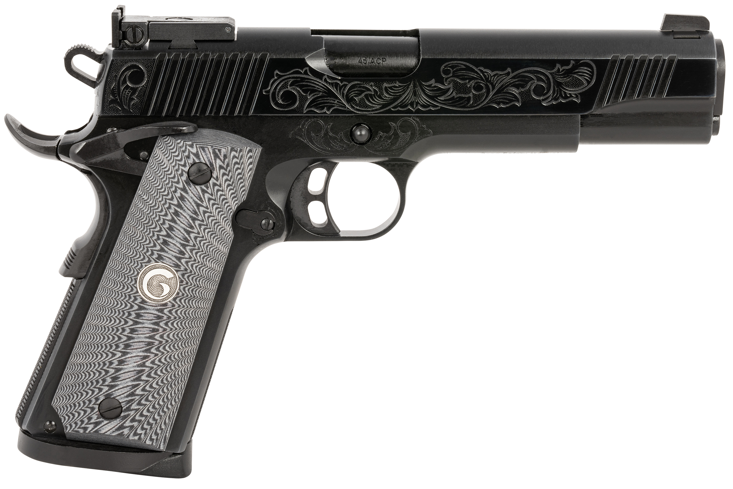 EAA MC1911 S Lux Pistol 390098, 45 ACP, 5in, G10 Grips, Black Chrome Engraved Finish, 8 Rds