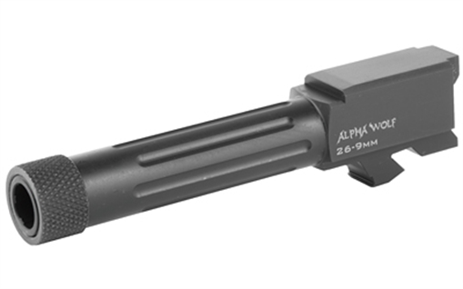 Lone Wolf Distributors AlphaWolf Barrel, 9MM, Salt Bath Nitride Coated, Threaded/Fluted, 416R Stainless Steel, 1/2x28 TPI, Fits Glock 26, Includes Thread Protector, Made in the USA AW-26TH
