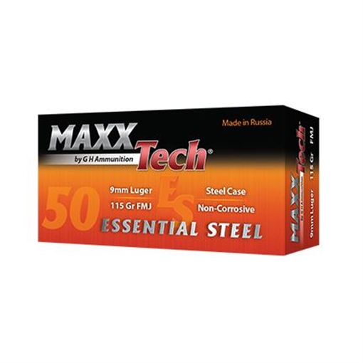 Maxxtech Essential Steel Handgun Ammunition 9mm Luger 115 gr FMJ 1150 fps 1000/ct Case (20-50rd Boxes) ES919150C