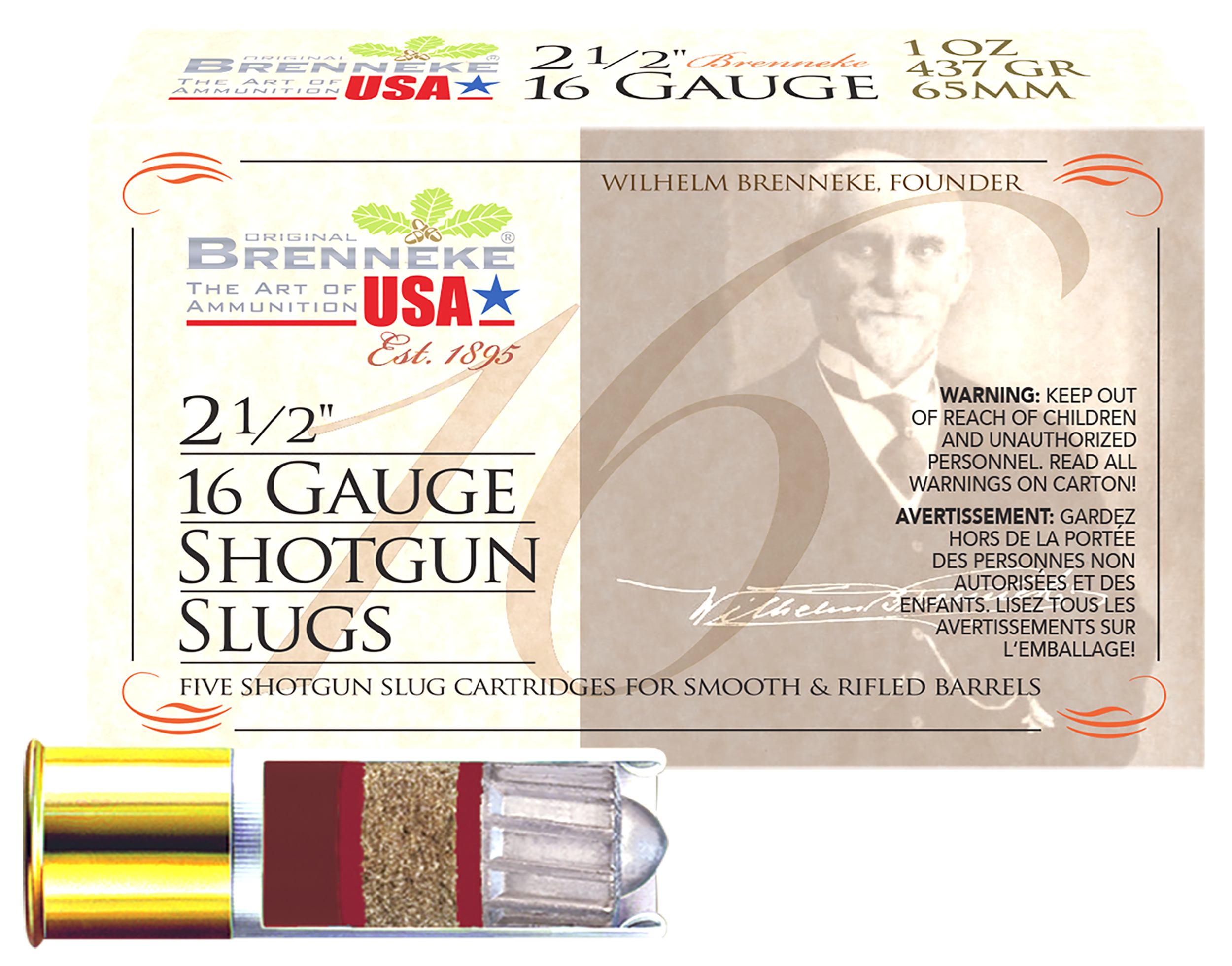 Brenneke 16 Shotshells SL162BR, 16 Gauge, 2-1/2", 1 oz, 1350 fps, Slug, 5 Rds/box