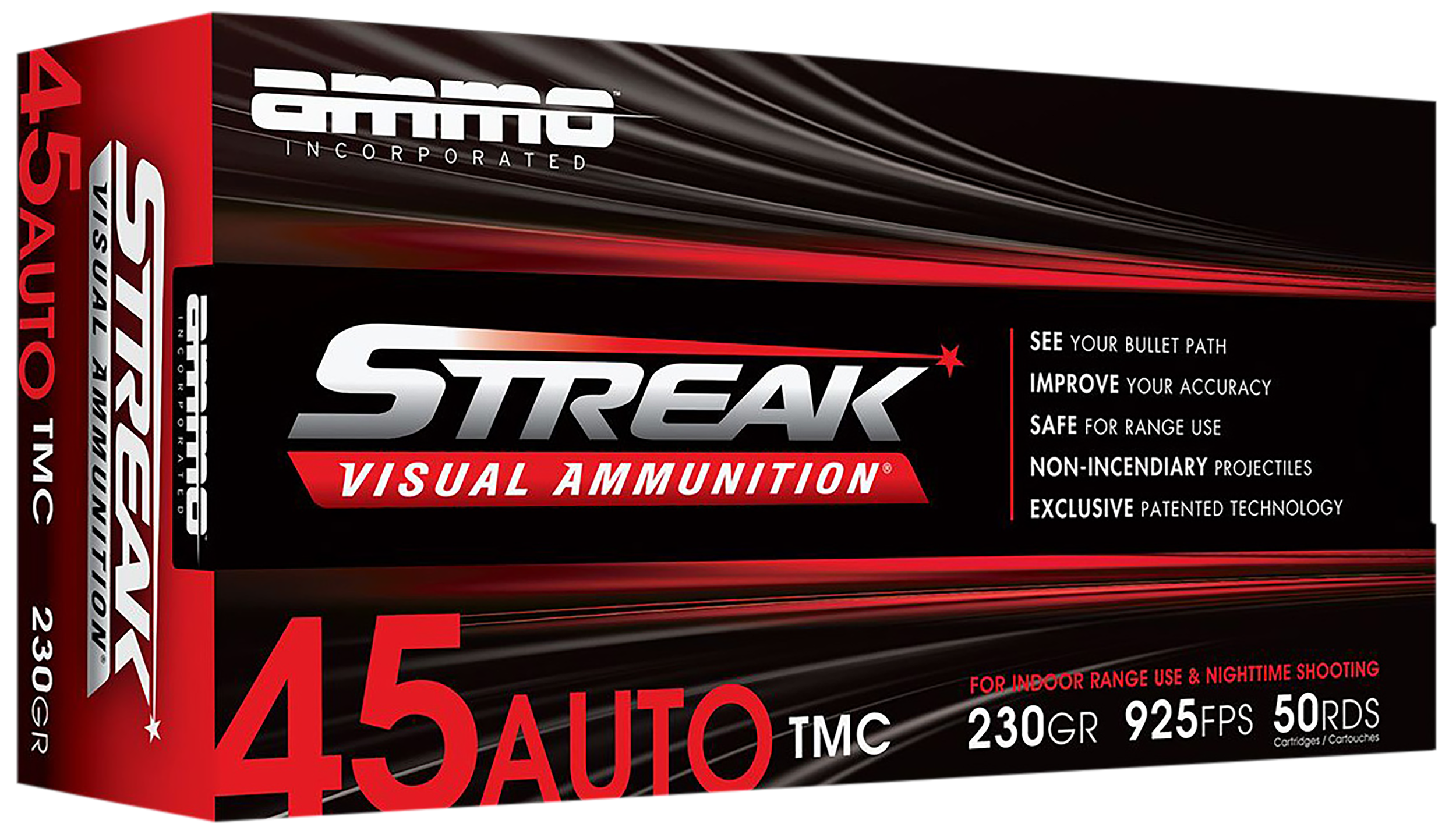 Ammo Inc Streak Visual (RED) Self Defense Pistol Ammunition 45230TMCSTRKRED50, 45 ACP, Total Metal Case, 230GR, 925fps, 50 Rd/bx