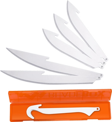 Outdoor Edge Razor Safe Replacement Blades, Plain Edge, 20J2 Stainless Steel, (3) 3.5" Drop Point Blades, (2) 5" Boning/Fillet Blades, and (1) Gutting Blade RRC-6