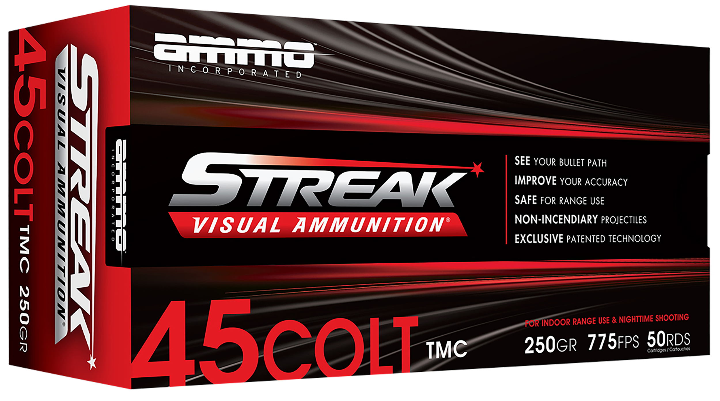Ammo Inc Streak Visual (RED) Pistol Ammunition 45C250TMCSTRKRED50, 45 Colt, Total Metal Case, 250GR, 775fps, 50 Rd/bx