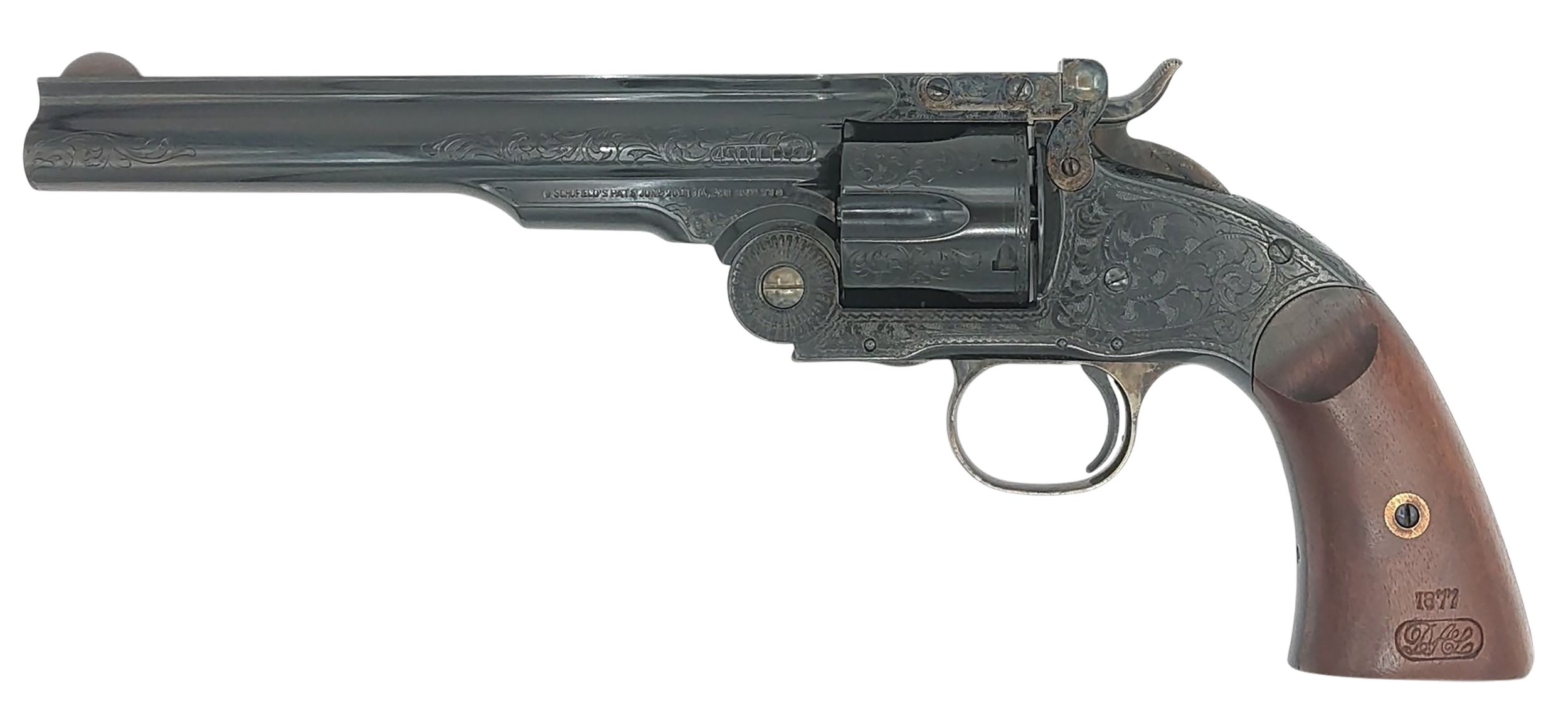 Taylors Schofield TopBreak Revolver 550652, 44-40 Win, 7", Walnut Grips, Blued Engraved Finish, 6 Rds