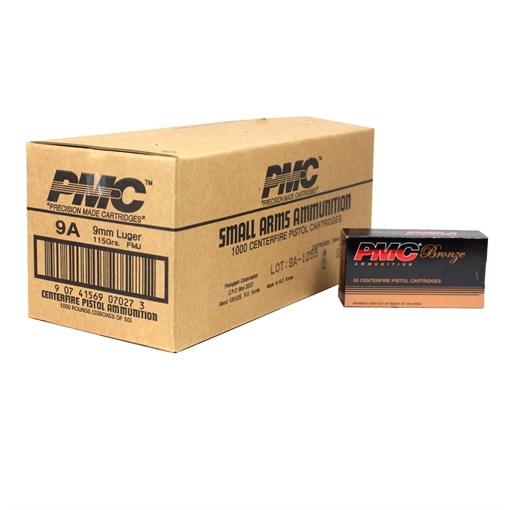 PMC Bronze Handgun Ammunition 9mm Luger 115 gr FMJ 1150 fps 1000/ct 9A CASE