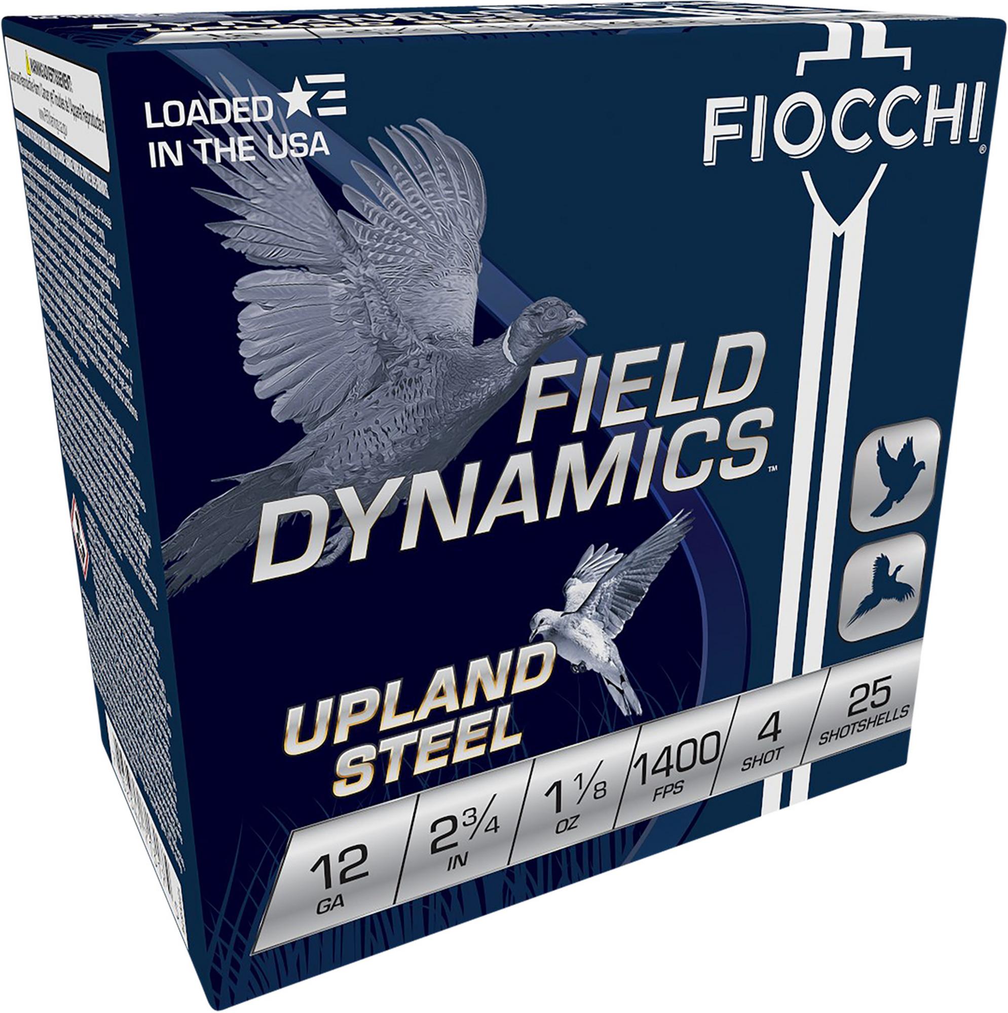 Fiocchi Field Dynamics Upland Steel Shotshells 12HVST4, 12 Gauge, 2-3/4", 1 1/8 oz, 1400 fps, #4 Steel Shot, 25 Rds/box