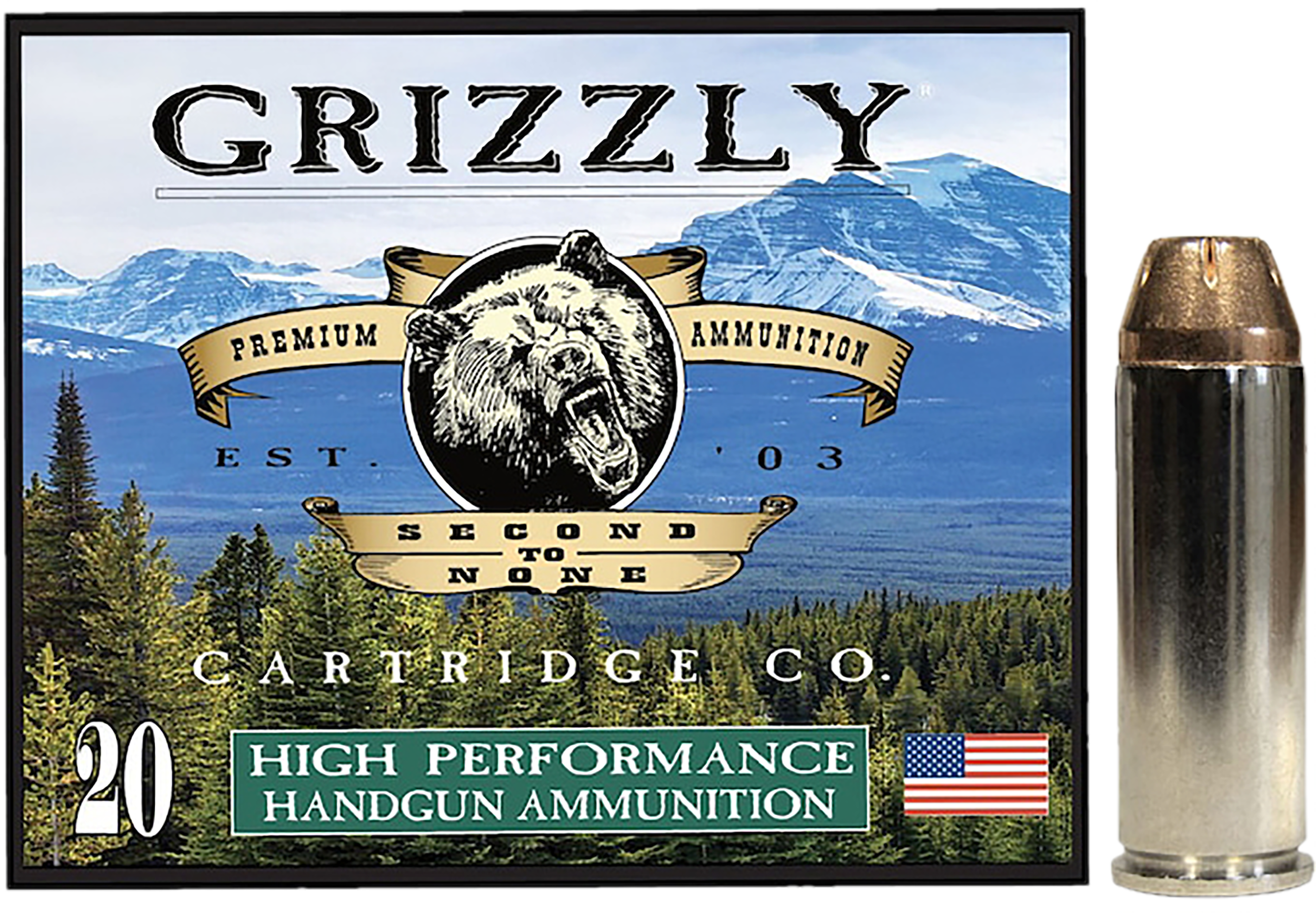 Grizzly Ammunition High Performance Pistol Ammunition GC45C+P3, 45 Colt, Jacketed Hollow Point (JHP), 225GR, 1000fps, 20 Rd/bx