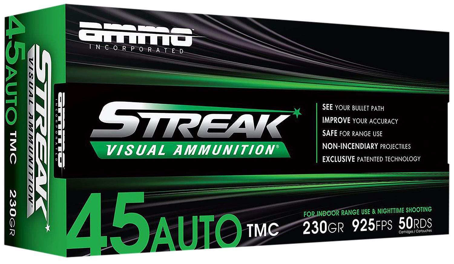 Ammo Inc Streak Visual (GREEN) Self Defense Pistol Ammunition 45230TMCSTRKGRN50, 45 ACP, Total Metal Case, 230GR, 432fps, 50 Rd/bx