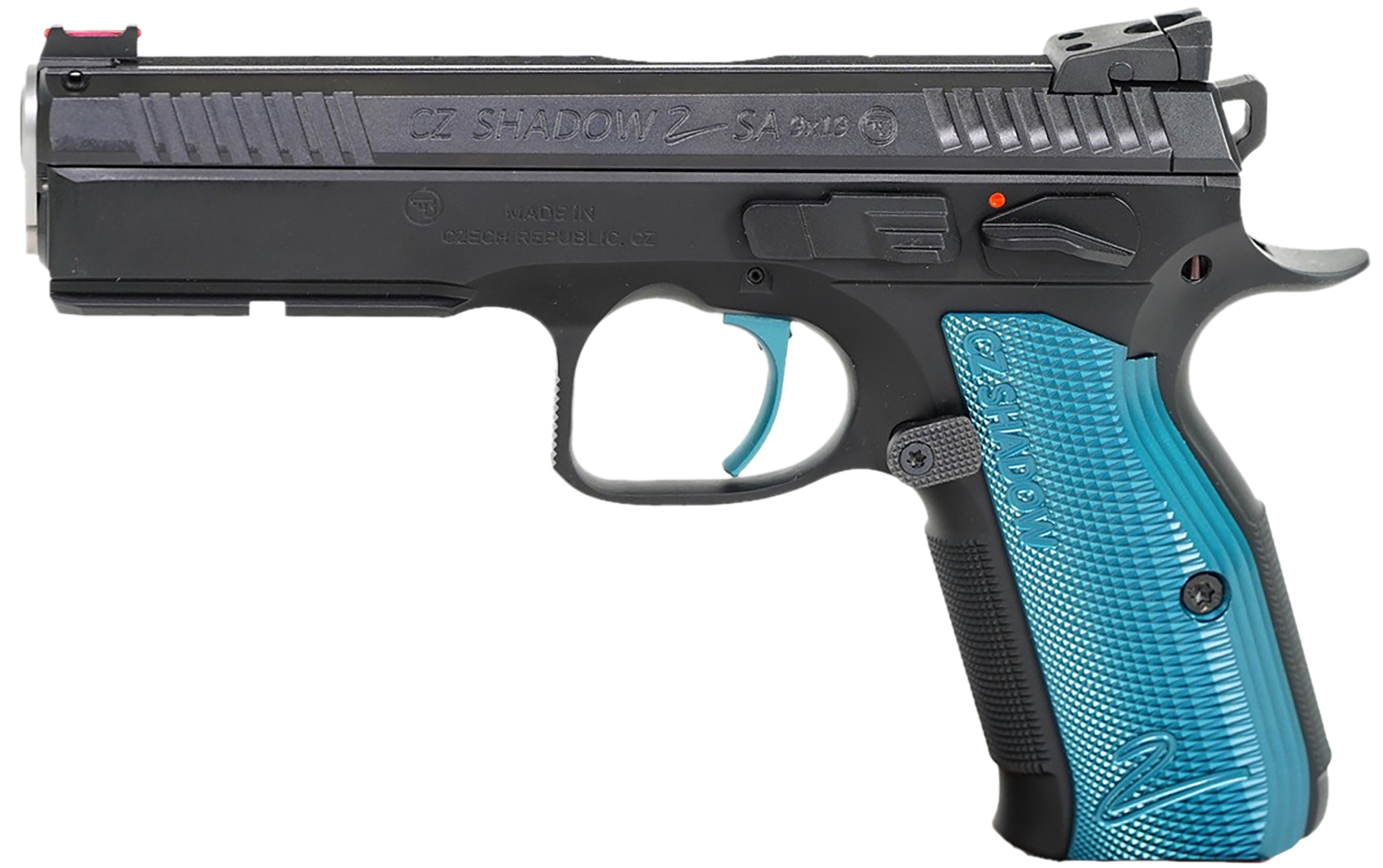 CZ-USA Shadow 2 Pistol 91044, 9mm Luger, 4.89in, Blue Checkered Aluminum, Black Polycoat Finish, 17 Rds