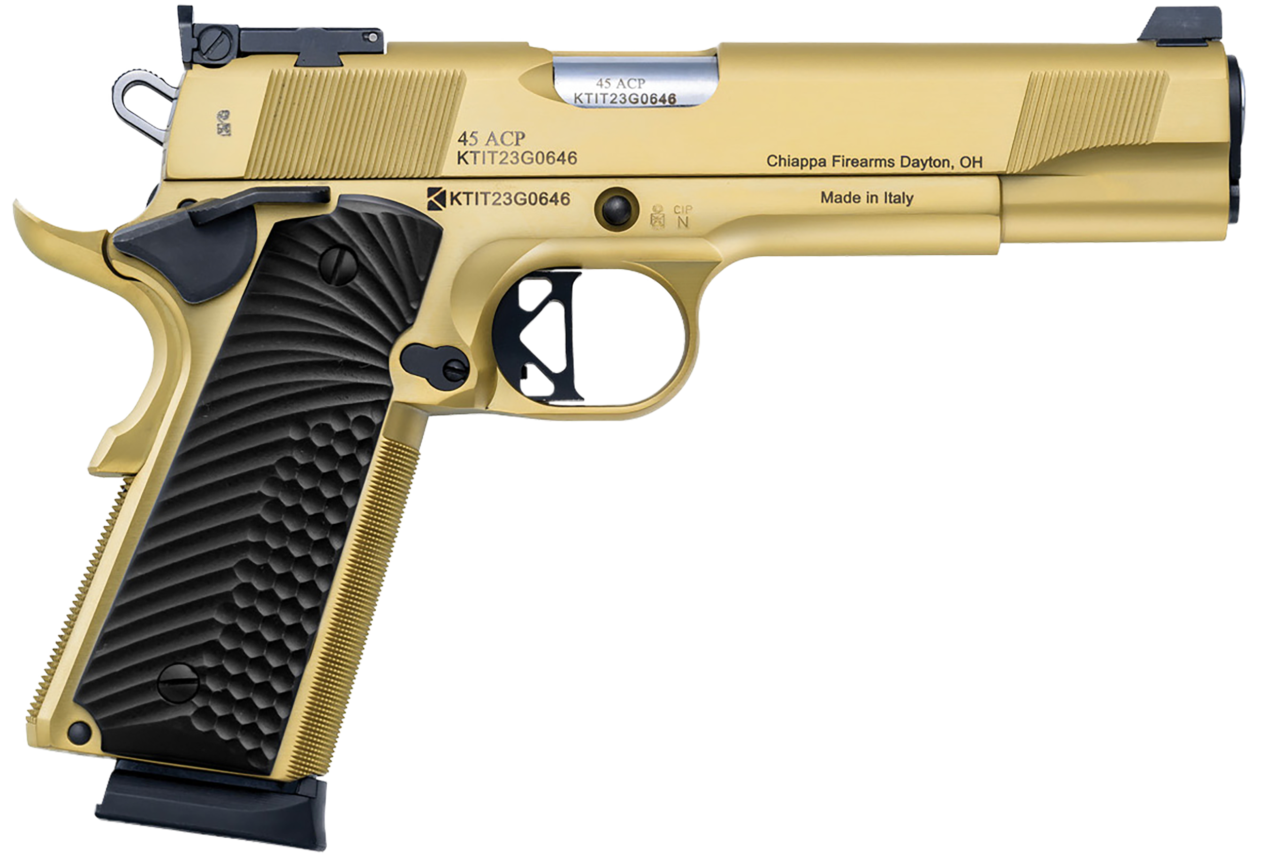 Chiappa 1911 Empire Grade Pistol 440182, 45 ACP, 5in, Black G10 Grips, Gold PVD Finish, 8 Rds