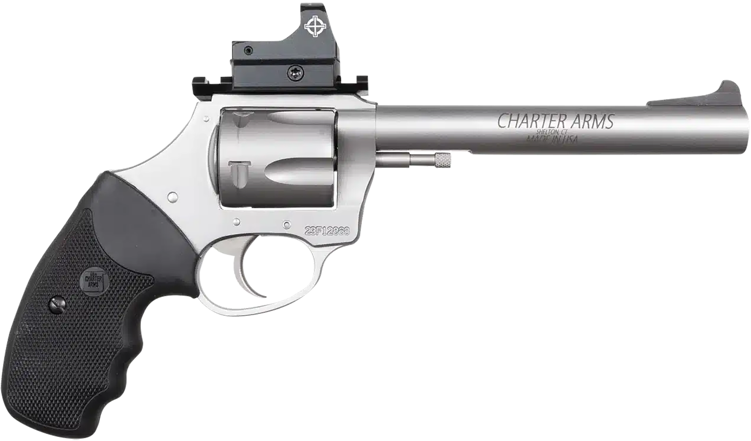 Charter Mastiff Target Revolver 79965, 9mm Luger, 6in, Black Rubber Grips, Steel Frame Finish, 5 Rds
