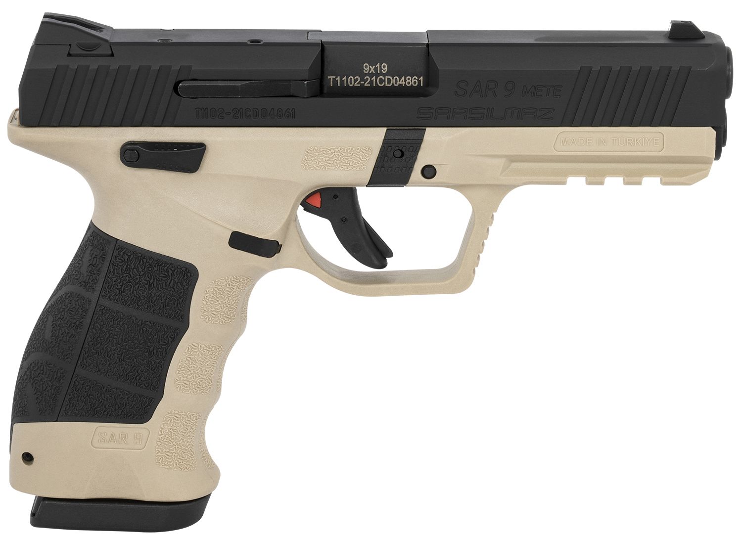 SAR USA SAR 9 METE Mete Safari Pistol SAR9METESABL, 9mm Luger, 4.50in, Black w/Interchangeable Backstrap, Tan Finish, 17 Rds