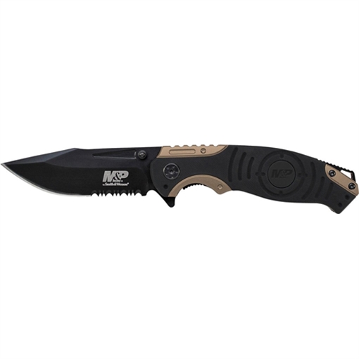 Smith & Wesson Liner Lock, 8Cr13MoV Drop Point Blade, Thumb Knobs, Index Flipper, Black/Gold Handle SWMP13BS