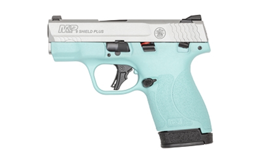 Smith & Wesson Shield Plus, M&P9, Semi-automatic, Striker Fired Polymer Frame Pistol, Micro-Compact, 9MM, 3.1" Barrel, Cerakote Finish, Silver Slide, Robins Egg Blue Frame, White Dot Sights, Manual Thumb Safety, Flat Face Trigger, 2 Magazines, (1) 10-Round