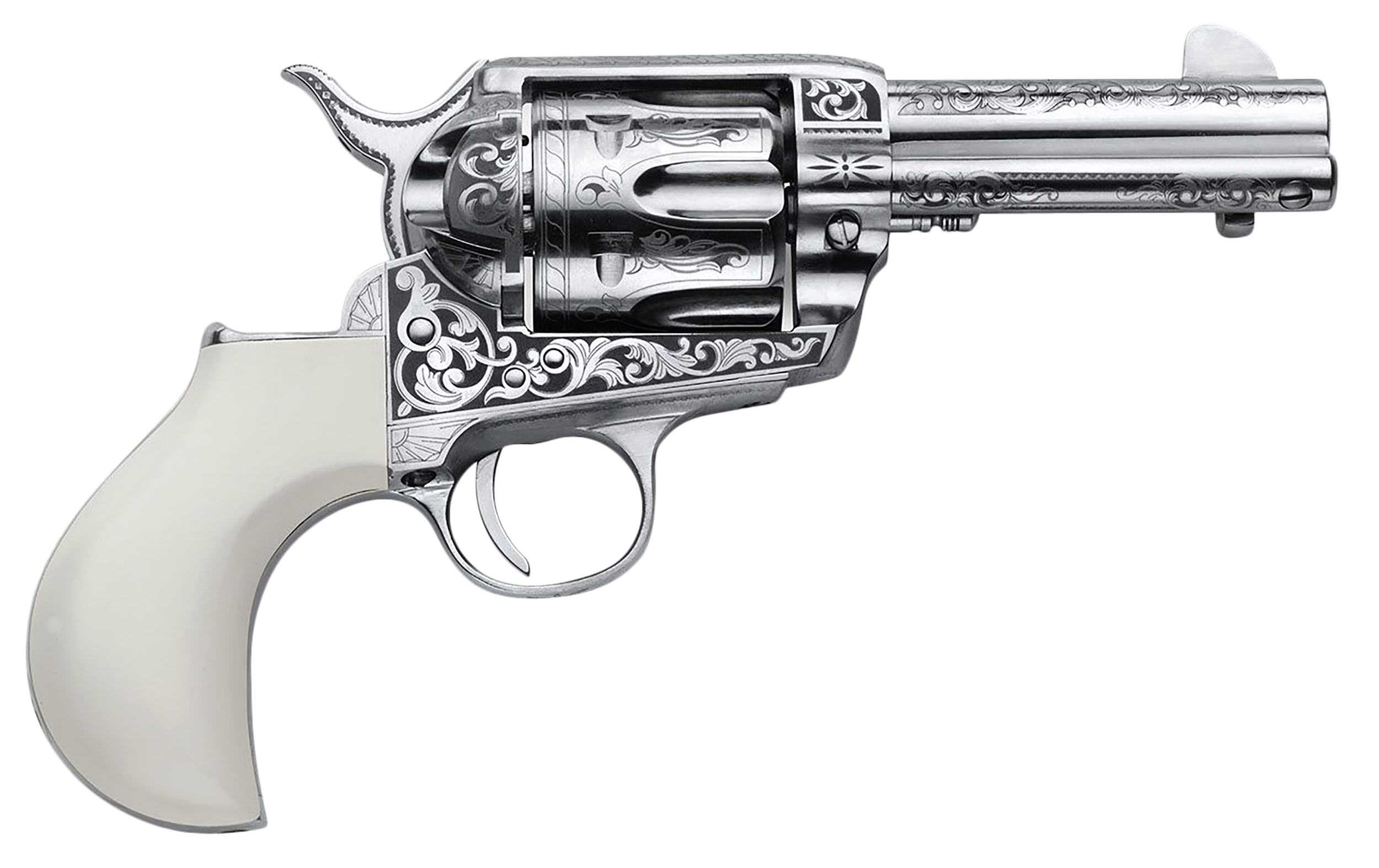 Cimarron Huckleberry Revolver PP346HUCKENG, 45 Colt (LC), 3.50in, Poly-Ivory w/"Huckleberry" Engraved On The Backstrap Grips, Steel Frame Finish, 6 Rds