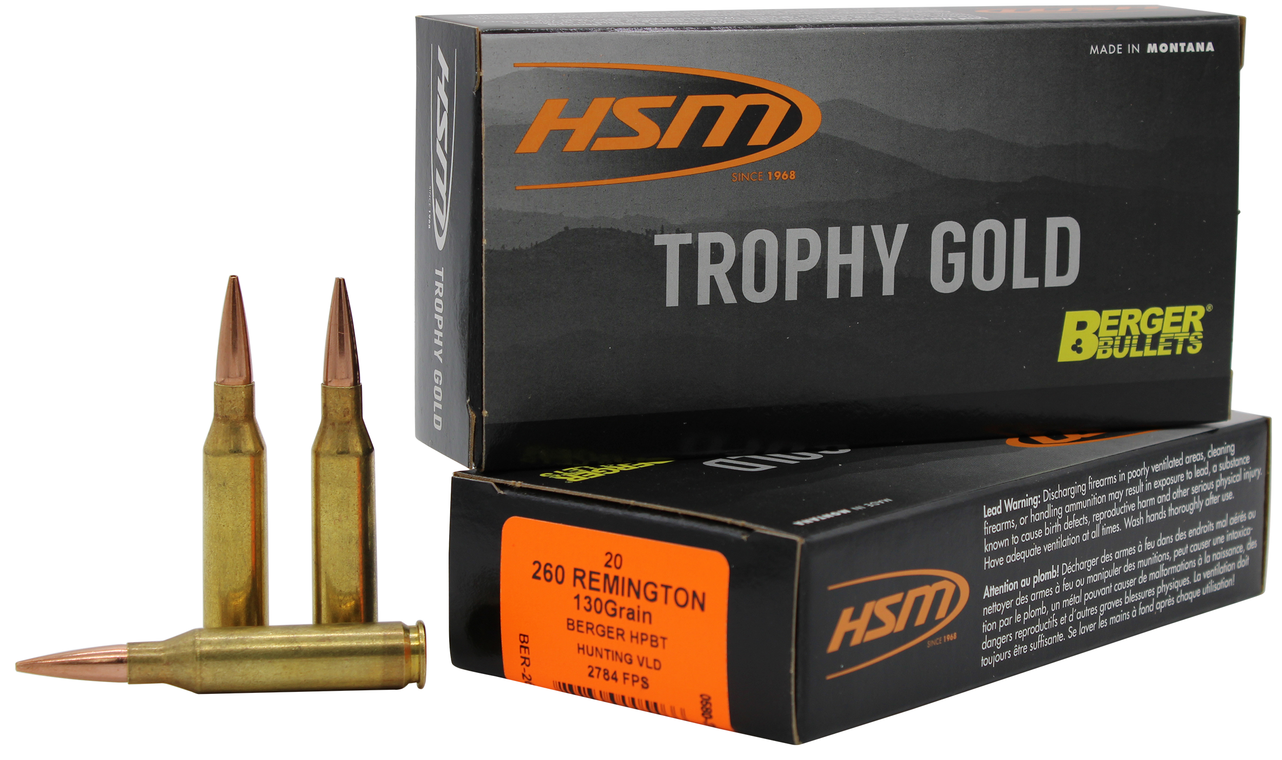 HSM Ammo Trophy Gold Extended Range Rifle Ammunition 260130VLD, 260 Rem, Berger Hunting VLD Match, 130GR, 2784fps, 20 Rd/bx