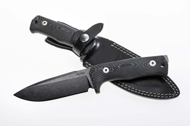 lionSTEEL T5 Fixed Blade - 5.04" Niolox Drop Point Black Blade, Black Canvas Handles, Black Leather Sheath