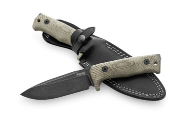 lionSTEEL T5 Fixed Blade - 5.04" Niolox Drop Point Black Blade, Green Canvas Handles, Black Leather Sheath
