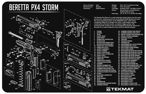 TekMat TEKR Beretta Px4 Storm Cleaning Mat Black/White Rubber 11"x17" Beretta PX4 Storm Diagram TEKR 17-BER-PX4