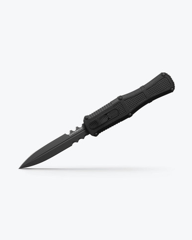 Benchmade 3370SGY Claymore OTF AUTO Knife - 3.89" CPM-D2 Smoke Gray PVD Double Edge Partially Serrated Dagger Blade, Black Grivory Handles