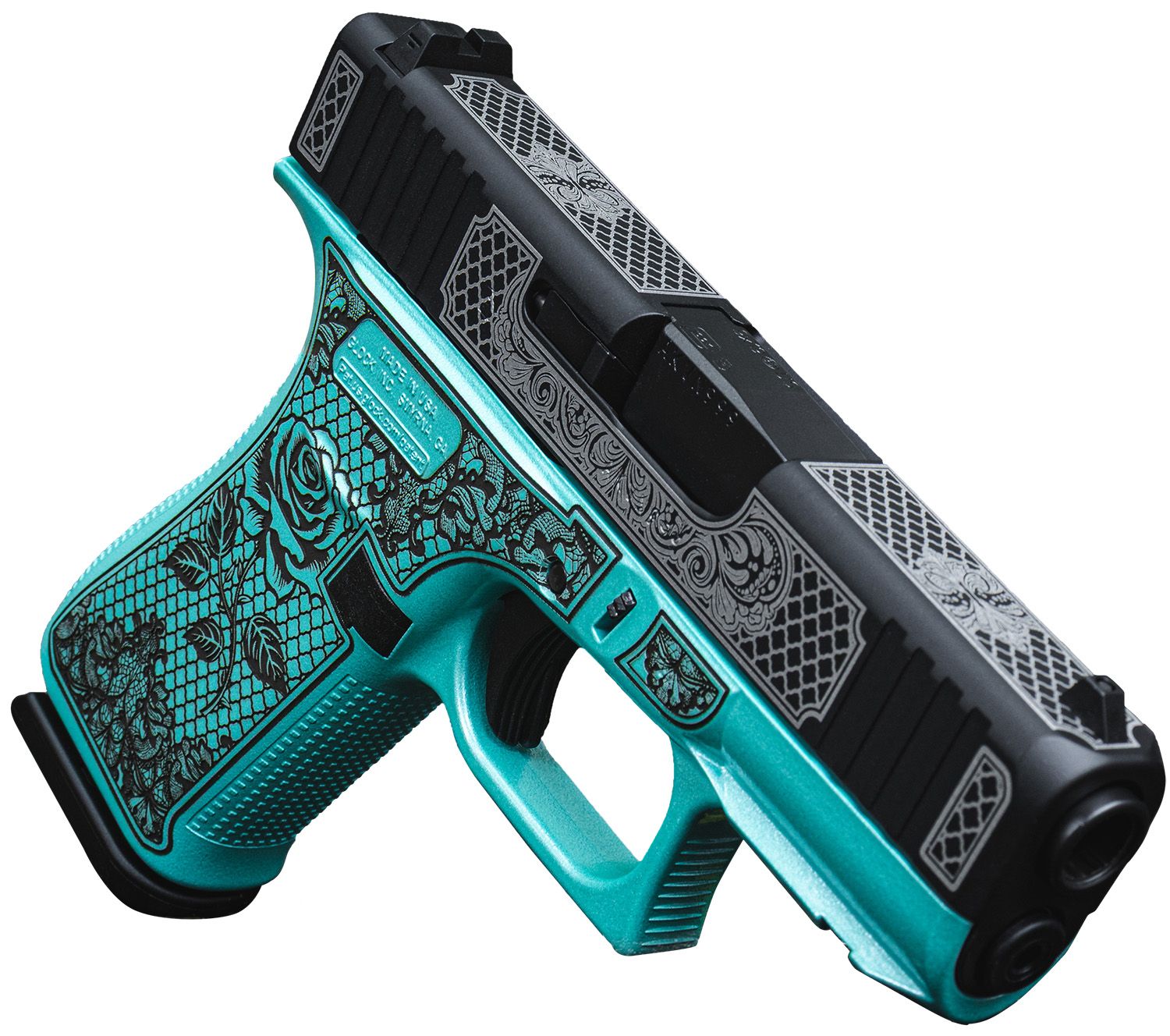 Glock G43X Pistol UX4350204FRNGLTB, 9mm, 3.41in, Tiffany Blue Lace w/Rose Cerakote Polymer Frame & Grips, Tiffany Blue Lace w/Rose Cerakote Finish, 10 Rds