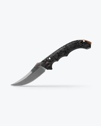 Benchmade 865-02 Mini Bedlam AXIS Folding Knife - 3.45" S90V Satin Scimitar Blade, Marbled Carbon Fiber Handles